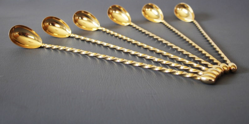 6 Vintage bar spoons, long-handled spoons, cocktail spoons, gold colored, original box, barware, twirl spoon image 6
