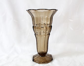 Tall Vintage Art Deco smoke brown glass vase, pressed glass, tulip vase, trumpet vase, Scailmont Belgium