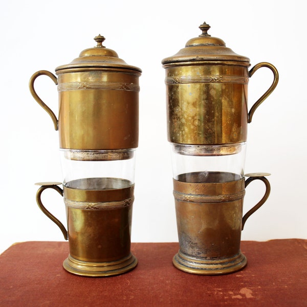 Set 2 Vintage French silver plated brass coffee maker, interior filter, single cup, Regency decor, silver plate rubbed off, coffee for one