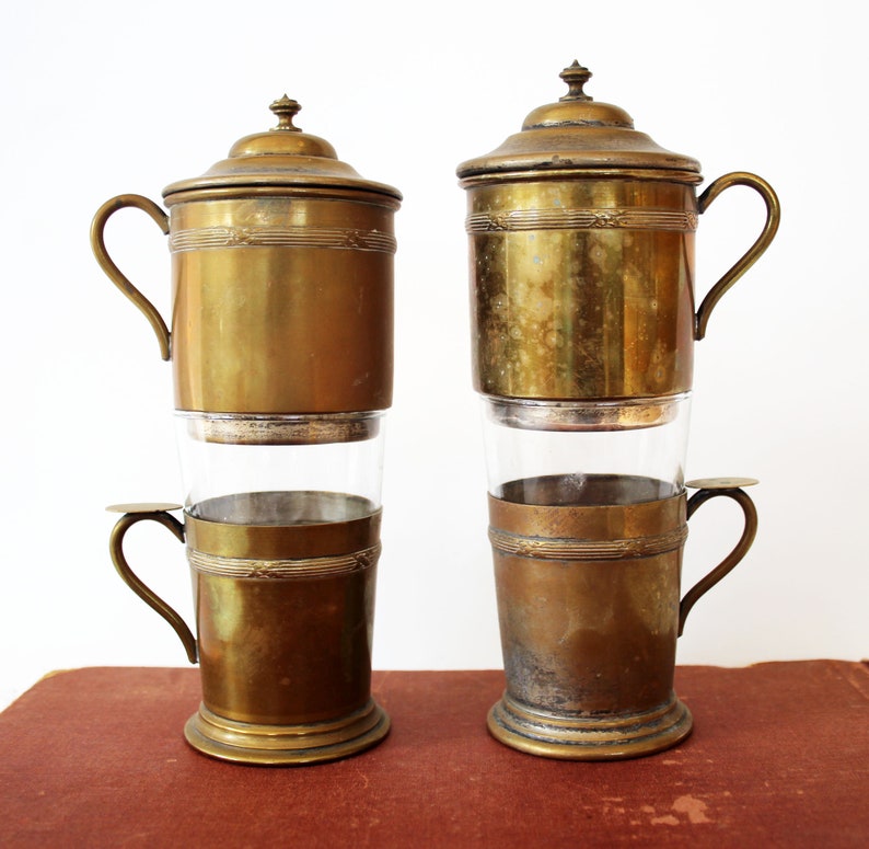 Set 2 Vintage French silver plated brass coffee maker, interior filter, single cup, Regency decor, silver plate rubbed off, coffee for one image 1