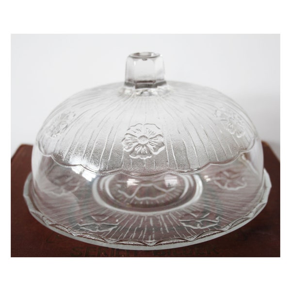 Large vintage glass dome lid and plate, Italy Italian, cake dome, cheese dome, lidded serving platter, glass cloche, pressed glass, display