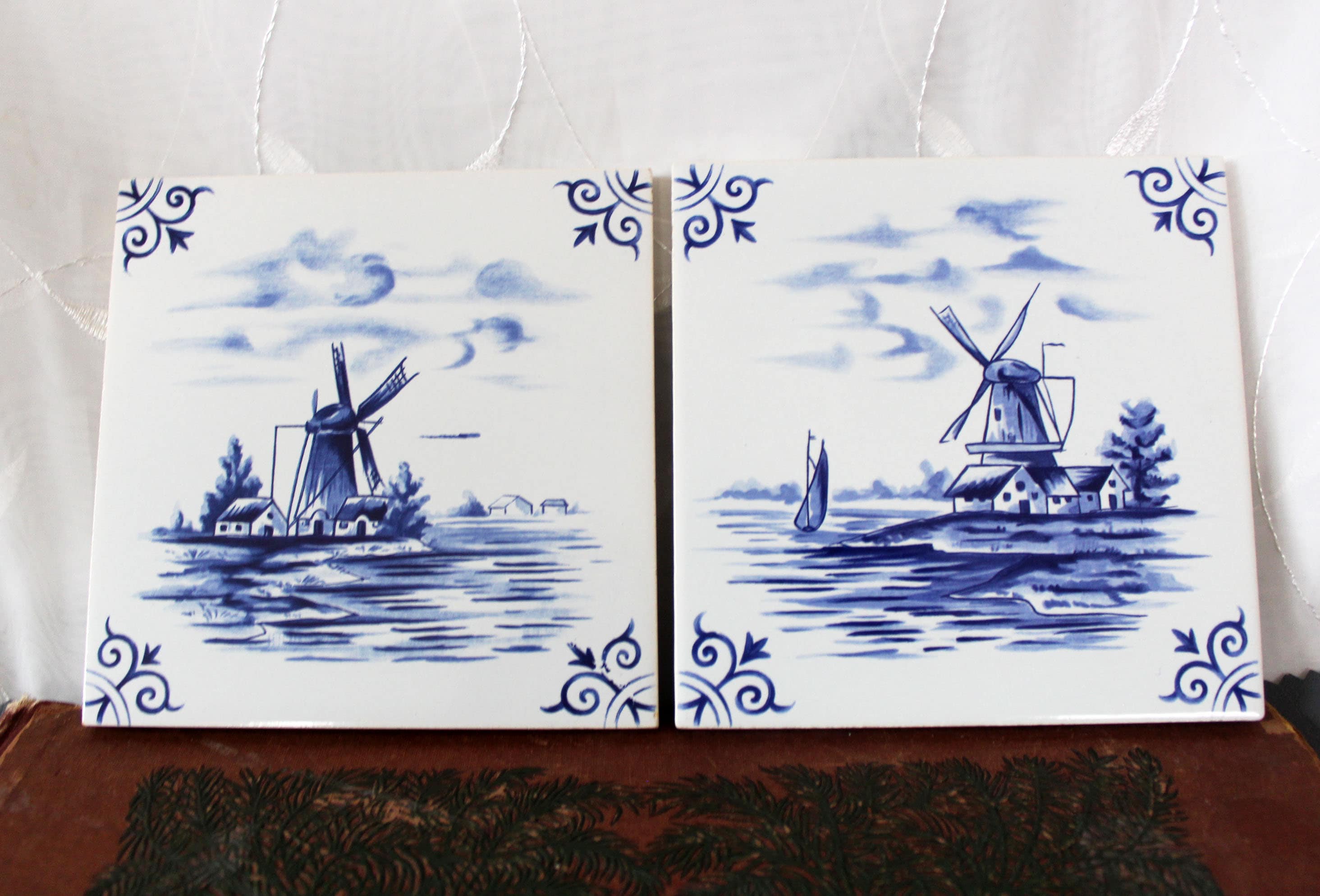 Decorative Ceramic Tile, Father and Son Fishing Scene, Vintage 6