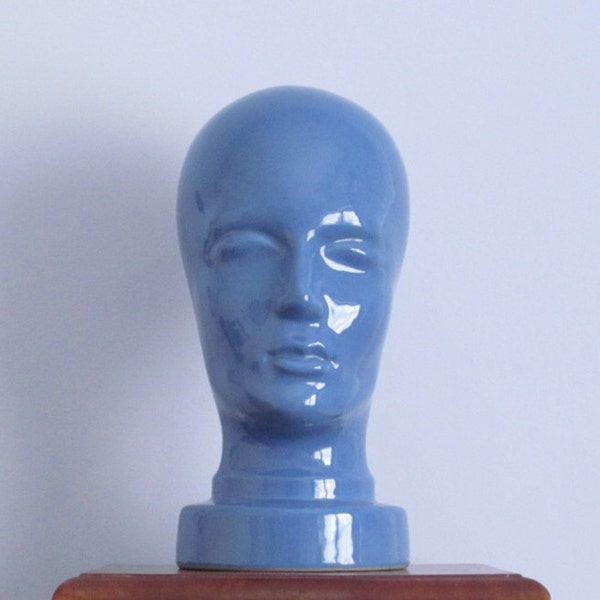 1960s Blue Vintage Ceramic Head, mannequin, display or hat holder, 701, West Germany, Height 31 cm / 12 in