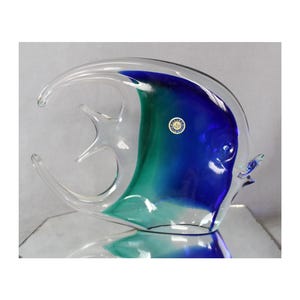 Large Vintage Murano italian Art Glass fish, fish glass sculpture, Sommerso technique, original label, blue green layer, hand made flattened