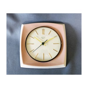 Vintage German Peter Ceramic Wall Clock, retro MCM 1950s, pastel pink and white, glass front, retro Kitchen Decor, does not work