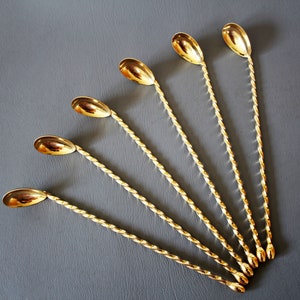 6 Vintage bar spoons, long-handled spoons, cocktail spoons, gold colored, original box, barware, twirl spoon image 1