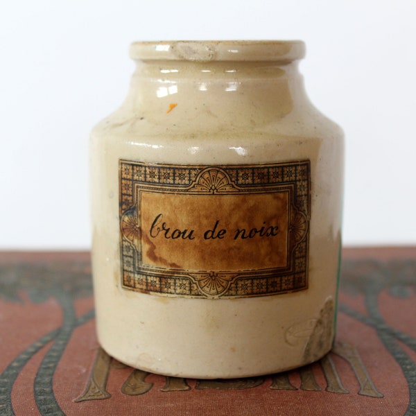 Antique ceramic pot, London J. Stiff, jam pot, mustard jar, Stoneware Jar, French paper label in front, kitchen jar, organiser, collectable