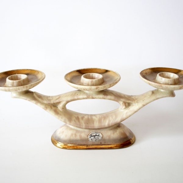 Vintage Jasba Ceramic candlestick holder, triple holder, Keramik Germany, original label, gold rims, beige drip glaze, centerpiece