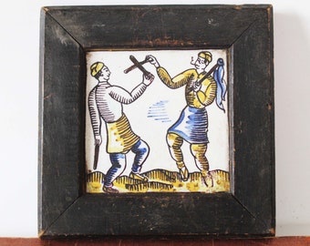 Antique framed ceramic tile, hand painted tile, polychrome, folk dance, wood frame, decorative, blue and yellow