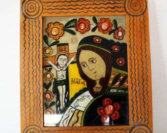 21st century Icon on glass painting, hand painted wood frame, Backglass painting, mourning mother of God, religious plaque, Romania