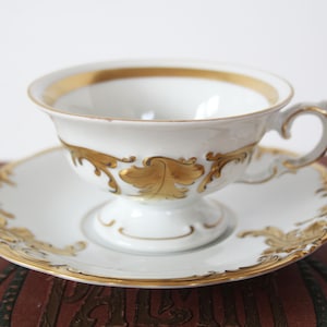 Vintage Porcelain tea cup and saucer set, teacup, embossed pattern, gold, Wawel Poland, Polish, breakfast tea time