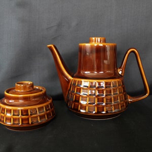 Vintage ceramic mid-century Pruszkow sugar and coffee pot, sugar bowl with lid, coffee pot, coffee set Polish pottery kitchenalia image 1