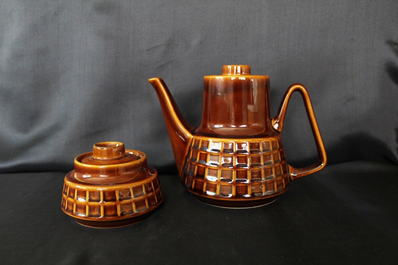 Vintage ceramic mid-century Pruszkow sugar and coffee pot, sugar bowl with lid, coffee pot, coffee set Polish pottery kitchenalia image 1