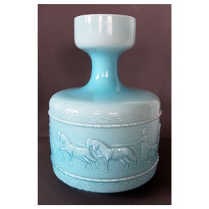 Large Vintage retro mid-century turquoise blue Empoli Opaline Italy Stelvia glass vase, Italy, cased glass, gladiator carriage, horses