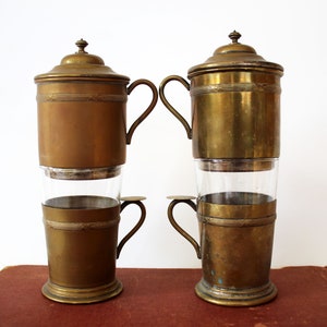 Set 2 Vintage French silver plated brass coffee maker, interior filter, single cup, Regency decor, silver plate rubbed off, coffee for one image 6