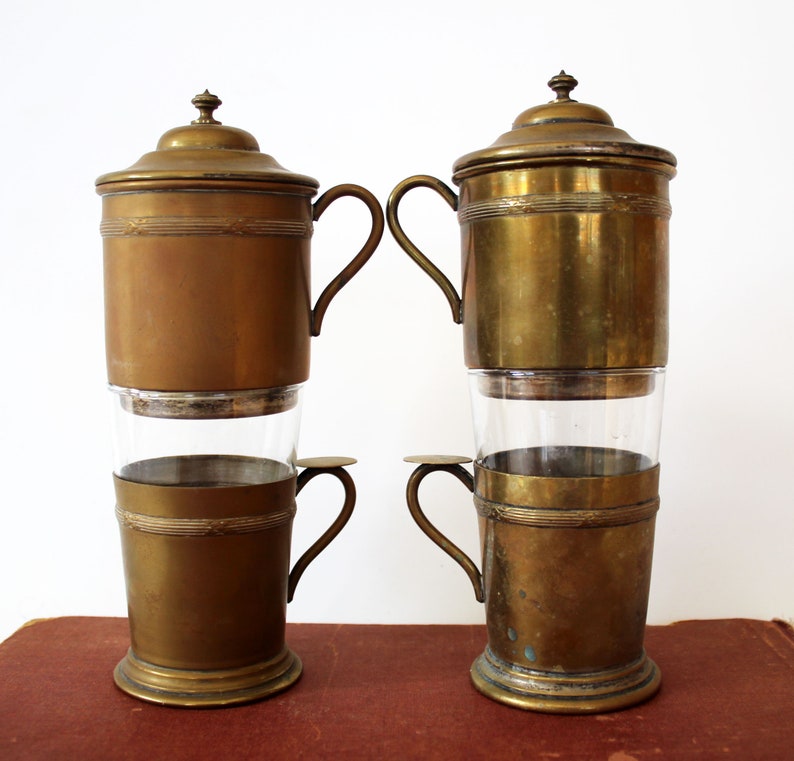 Set 2 Vintage French silver plated brass coffee maker, interior filter, single cup, Regency decor, silver plate rubbed off, coffee for one image 6