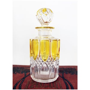 Large Art Deco glass perfume bottle, Val Saint Lambert Luxval, 1908 model Valembert, Belgium glass, art glass, amber clear, 19.5 centimeter