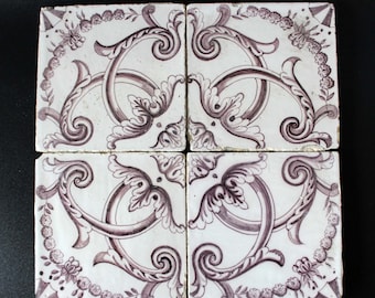 Set of 4 antique ceramic tiles, 19th century Delft tile, manganese decoration, Holland Delftware, hand painted tile, salvage, restoration