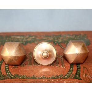 Set of 3 Antique Art Deco solid copper knobs, drawer pull, furniture hardware, Geometric Biconical Cabinet Knobs, two with Original Collars
