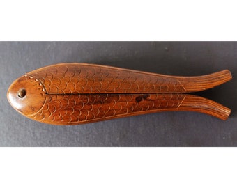 Vintage 1960s hand carved wood nutcracker, fish shaped with etched designs, marked 1966 Yugoslavia, collector, novelty nutcracker