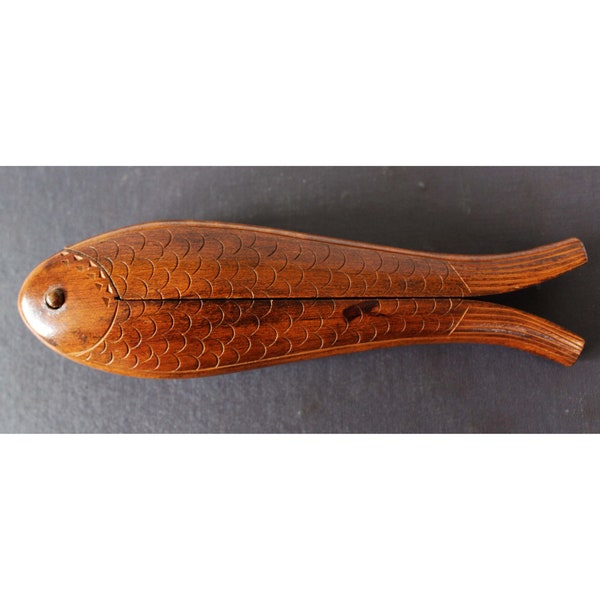 Vintage 1960s hand carved wood nutcracker, fish shaped with etched designs, marked 1966 Yugoslavia, collector, novelty nutcracker
