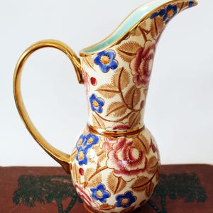 Vintage Art Deco Raymond Chevallier, Boch Freres Belgium, Shanghai D2940 pattern, ceramic pitcher vase, Belgium, pink decor, gold accents