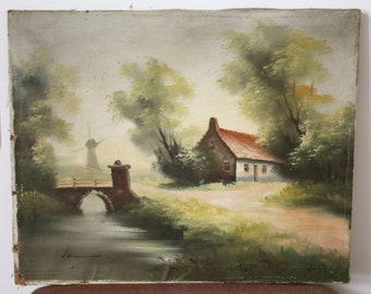 Antique large oil painting on canvas, circa late 19th century, country landscape, windmill country farmhouse bridge, no frame, small holes