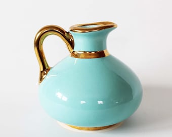 Antique late 19th century Boch Freres Keramis BFK Belgium creamer, turquoise and gold rim, jug pitcher, small chip underneath