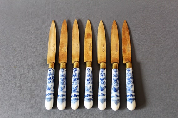 7 Vintage Bronze and Porcelain Fruit Knife, German Stahl Bronze