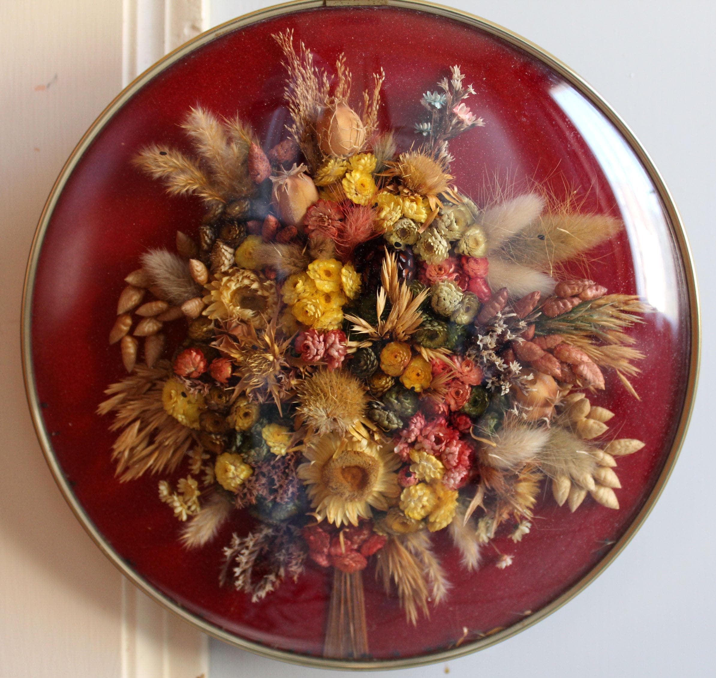 Vintage Belgium Dried Flowers Bouquet, Convex Glass Front