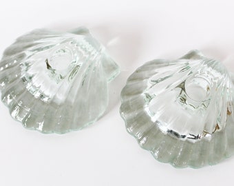 Two vintage recycled green glass candle holders, shell clam shaped, seafood marine decoration, Spain Spanish