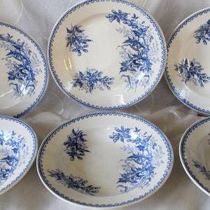 5 Antique ceramic deep bowl and 1 plate, Maestricht Holland, Chardon, 19th century, country farmhouse kitchen, blue transferware thistle