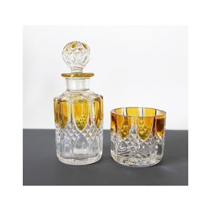 Antique c1908 perfume bottle and bowl, vanity set, Val Saint Lambert Valembert Belgium, art glass, amber and clear