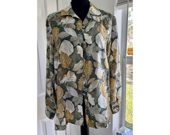 Vintage STUNT 100% Silk Floral Leaf Button Front Shirt Green Ochre Medium
