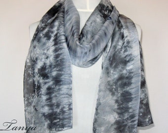 Women's silk scarf grey & black. Hand dyed pure silk scarf for women. Birthday present for her. Hand painted silk scarf.