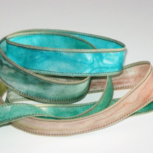 Hand Dyed Silk Ribbon. Blue and Green Pure Silk Ribbons. Hand Etsy