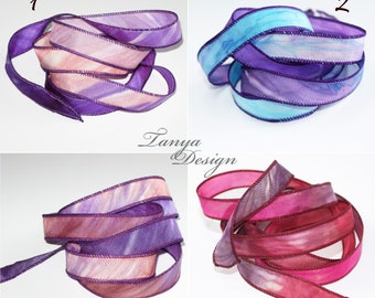 Hand dyed silk ribbon 41'' long. Purple-dusty rose-blue-pink-burgundy hand dyed and sewn 100% silk Habotai ribbon. Jewellery making ribbons