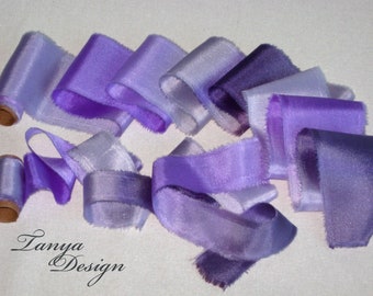 Lavender silk ribbon. Hand painted 100% silk Habotai ribbon. Bridal bouquet Wedding decor ribbon. Purple pure silk ribbon.