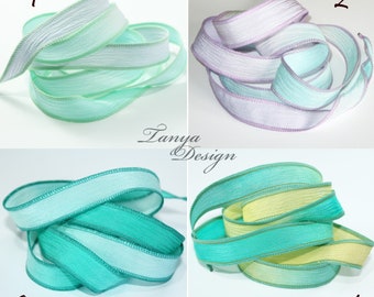 Hand dyed pure silk ribbons 43'' long. Pale mauve, mint & yellow silk ribbons. Crinkle crepe silk ribbon. Yoga silk wrist wrap bracelet.