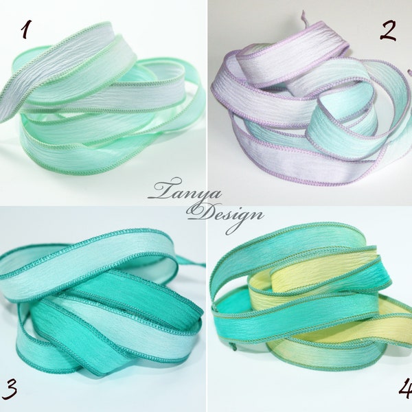 Hand dyed pure silk ribbons 43'' long. Pale mauve, mint & yellow silk ribbons. Crinkle crepe silk ribbon. Yoga silk wrist wrap bracelet.