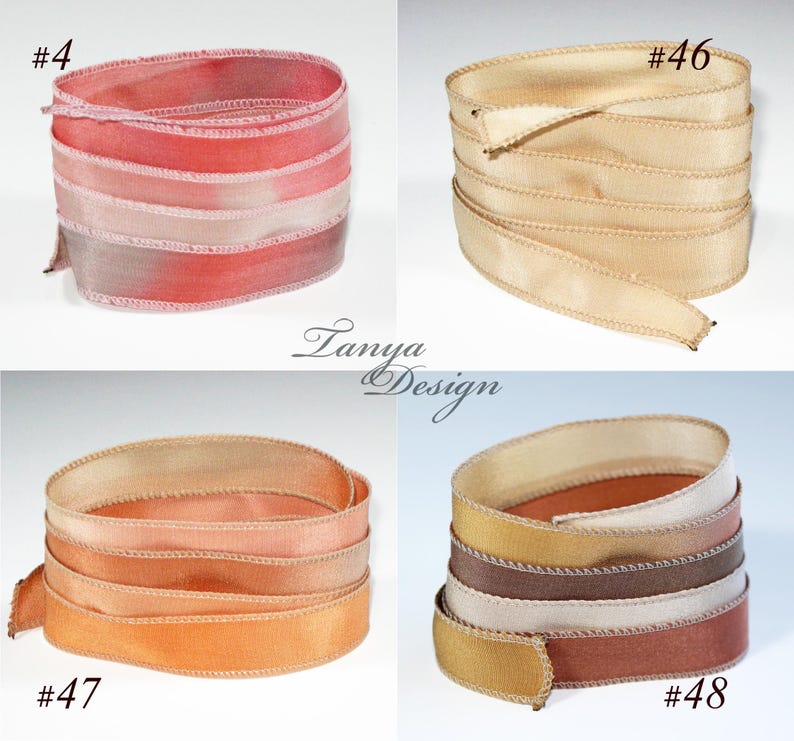 May include: Four different colors of ribbon, each with a different color gradient. The ribbons are all folded in a similar way, with the ends of the ribbon overlapping. The ribbons are labeled with numbers 4, 46, 47, and 48.