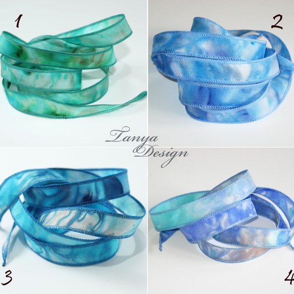 Hand dyed silk ribbon 38''. Blue, Jade and beige hand painted & sewn pure silk ribbons. Silk wrist wrap bracelet Jewellery making ribbons