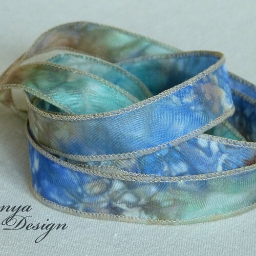 Hand Dyed Silk Ribbon. Blue and Green Pure Silk Ribbons. Hand Etsy