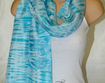 Woman's silk scarf hand dyed. Aqua blue and white hand painted pure silk scarf for woman. Present for her. Gift for wife