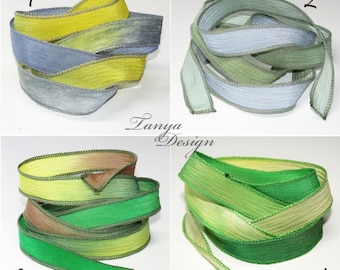 Hand dyed pure silk ribbons 39'' long. Grey, yellow & grass green silk ribbons. Crinkle crepe silk ribbon. Yoga silk wrist wrap bracelet.