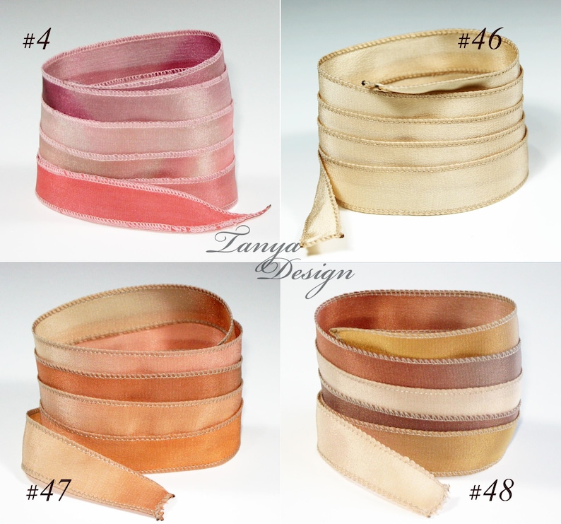 May include: Four spools of ribbon with different color combinations. The ribbons are all satin and have a subtle ombre effect. The colors are pink, peach, beige, and brown. The spools are labeled with numbers 4, 46, 47, and 48.