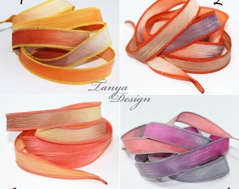 Hand dyed pure silk ribbons 43'' long. Crinkle crepe silk ribbon. Yoga silk wrist wrap bracelet. Yellow-Orange-Brown-Pink- Grey ribbons.