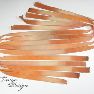 May include: A bundle of ten ombre ribbon strips in shades of peach, orange, and cream. The ribbon is a soft, sheer fabric with a subtle sheen.
