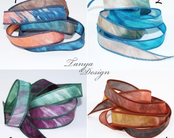 Hand dyed silk ribbon 40''. Silk wrist wrap bracelet. Jewellery making ribbons. Colourful Habotai pure silk ribbons.