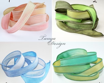 Hand dyed pure silk ribbon 38'' long. Crinkle crepe 100% silk ribbon. Yoga wrist wrap bracelet. Yellow-beige-green-blue hand painted ribbons